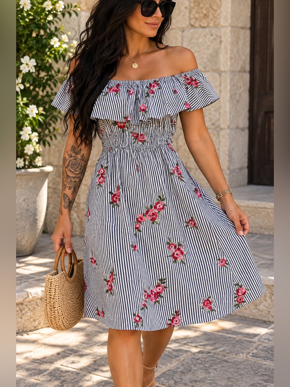 Calvin Klein Women’s Small Off Shoulder Striped Floral Embroidered Dress